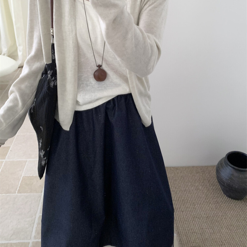 日系文艺范拼接牛仔女宽松高腰显瘦花苞裙半身裙|undefined