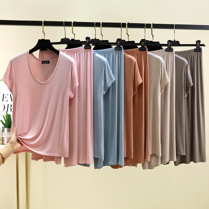 夏季新款家居服女莫代尔短袖七分裤套装薄款宽松睡衣可外穿两件套