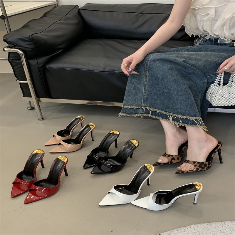 10cm European and American Style Pointed Open-Toe High-Heeled Sandals for Outdoor Wear, 2025 New Model, Thin Heel, Simple Single Strap, Elegant Slippers