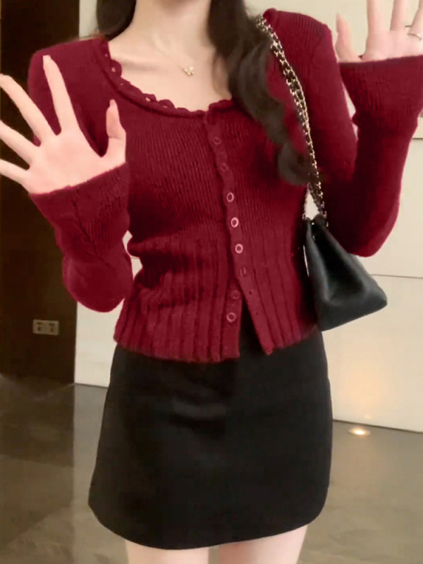 2025早秋季红色针织毛衣开衫本命年气质内搭打底短款上衣女装小衫|undefined