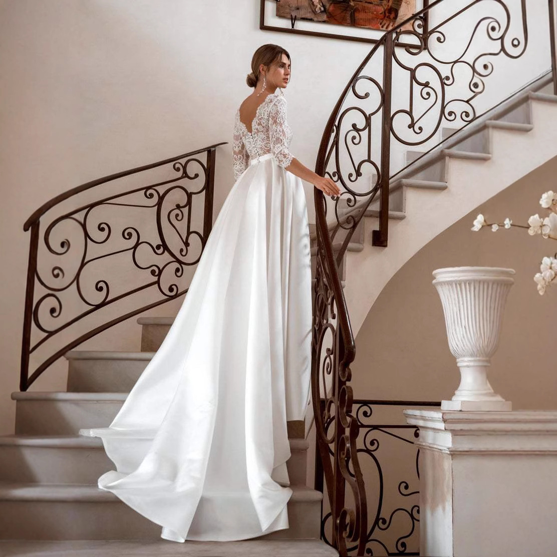 Main Wedding Dress 2025 New Summer Bride High Collar Mid-Sleeve Lace Slim Tail Luxury A-Line Wedding Dress