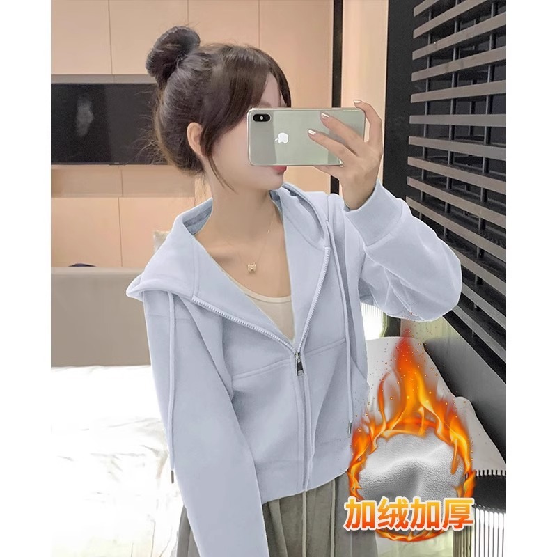 灰色短款连帽卫衣拉链初秋外套女春秋修身小个子韩系开衫上衣秋季|undefined