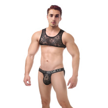 CLEVER-MENMODE男士性感蕾丝背心双丁裤套装伪娘透视紧身情趣内衣