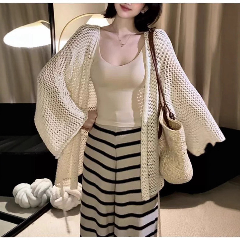French-Style Hollow Knitwear for Women, Spring and Summer Outerwear, Versatile Thin Cardigan Jacket, Knitted Off-White Gray, Moderate