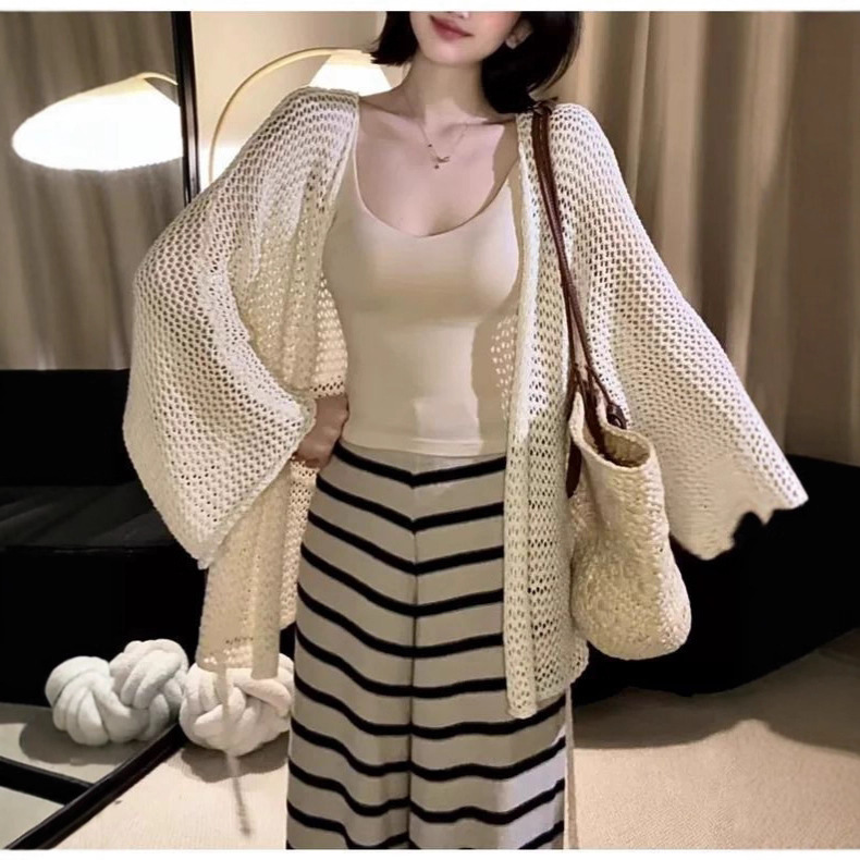 French-Style Hollow-Out Knitwear for Women, Spring and Summer Outerwear, Versatile Thin Cardigan, Knitted in Off-White and Medium Gray