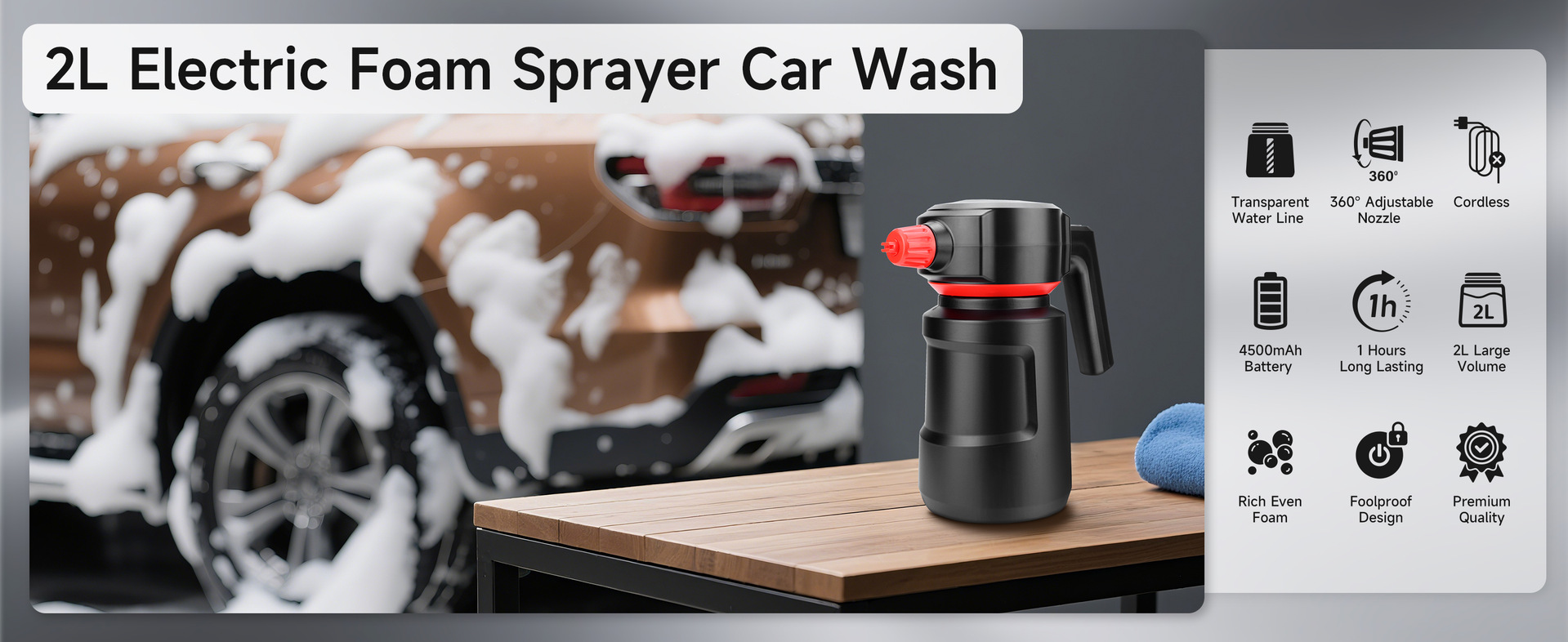 New electric car wash foam sprayer, high-pressure water sprayer, cleaning tool for home and car, hands-free pressurized sprayer