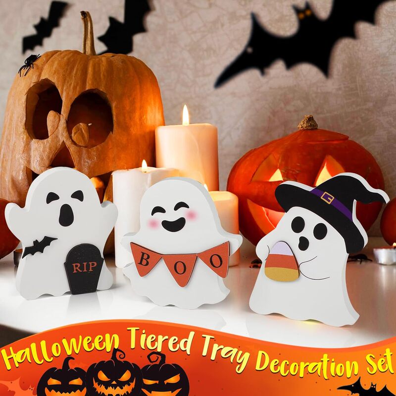 ハロウィンかわいいゴーストサインレイヤードトレイデコレーション、木製ゴーストハロウィンパーティー雰囲気装飾|undefined