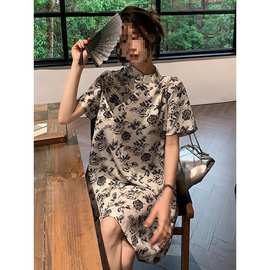 复古盘扣立领改良旗袍雪纺短袖连衣裙女设计感白色玫瑰新中式裙子