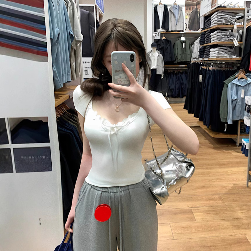 Pure Desire Style Short Slim Fit Pure Cotton Feel Lace Tight Fake Two-Piece Short Sleeve T-Shirt Women's American Summer Top New