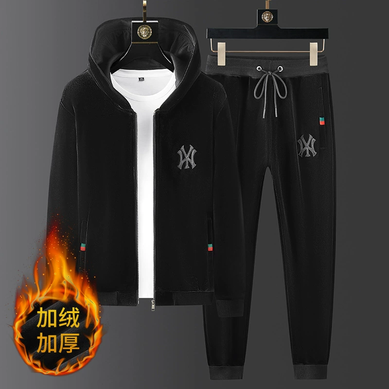 Европейский вокзал мужской бархат утолщение спортивный набор зимний двухсторонний бархат вышивка из двух частей мужской золотой бархат большой размер прилив