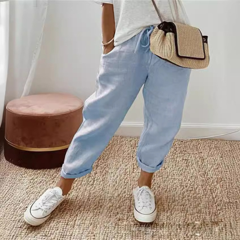 2024 European and American Cross-Border Amazon Foreign Trade Women's Cotton and Linen Elastic Waist Nine-Point Pants Casual Women's Pants 2024 European and American Cross-Border Amazon Foreign Trade Women's Cotton and Linen Elastic Waist Nine-Point Pants Casual Women's Pants