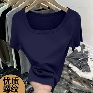 夏季时髦短袖方领柔软亲肤设计感优质螺纹气质上衣女款简约风纯色