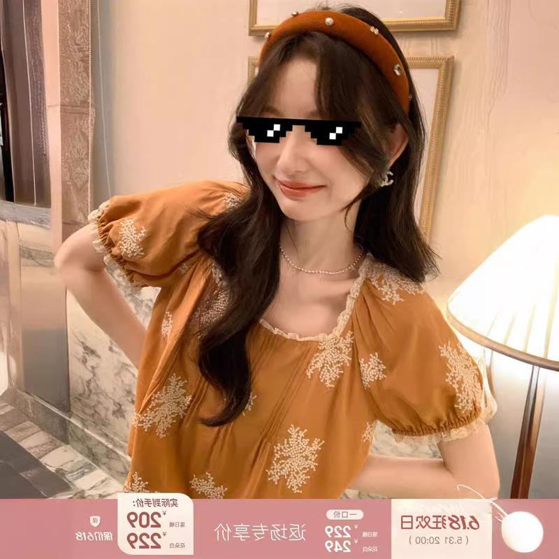 Miss Chipmunk Summer Jacaranda Gentle Square Collar Short-sleeved Shirt Small Women's Summer Elegant Embroidered Top