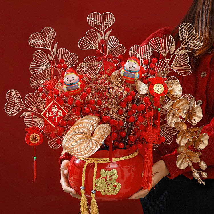 中式喜庆福桶摆件客厅冬青发财果乔迁新居装饰结婚礼物装饰氛围感