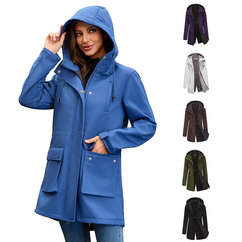 European and American Autumn and Winter Soft Shell Jacket Women's European Size Rainproof Hooded Women's Raincoat Outdoor Mountaineering Jacket Windbreaker Women