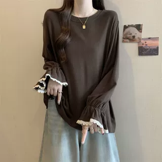 大码设计感花边袖长袖T恤女秋冬季新款胖mm宽松显瘦遮肉打底上衣