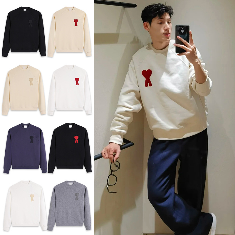 Ami Aheoine Sweatshirt 25 New Style Round Neck Large Heart Embroidery Loose Casual Top Long Sleeve for Men and Women Couples