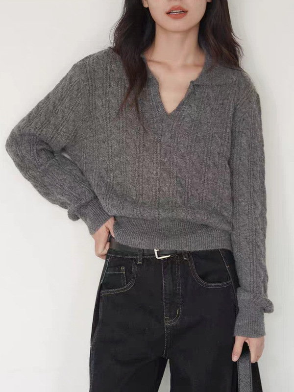 EIGHTMONTH灰色polo领麻花毛衣女秋冬季宽松复古套头外穿针织上衣|undefined