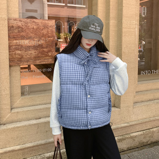 Retro Plaid Stand Collar Short down Cotton Vest 2025 Autumn and Winter Sleeveless Plaid Vest Top Cotton Jacket