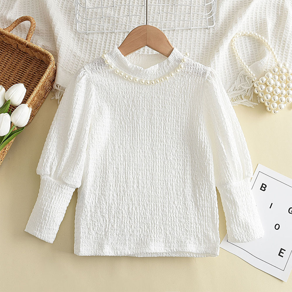 女童春秋新款長袖T恤女寶寶珍珠花邊打底衫女孩洋氣上衣韓版打底