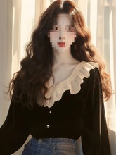 法式赫本风黑色丝绒上衣女早秋新款绝美荷叶边超好看衬衫