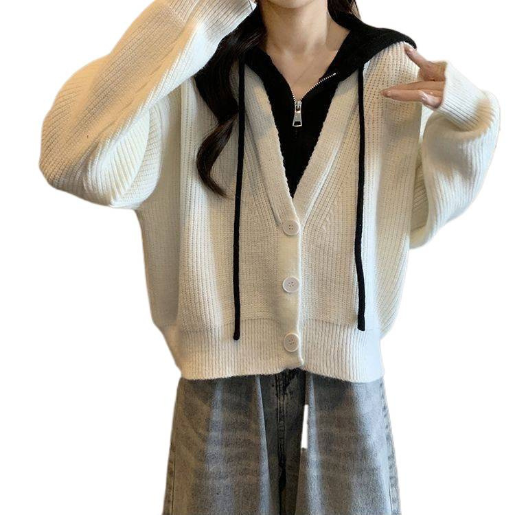 大码假两件短款连帽毛衣外套女秋冬胖mm显瘦遮肚子针织衫开衫上衣|undefined