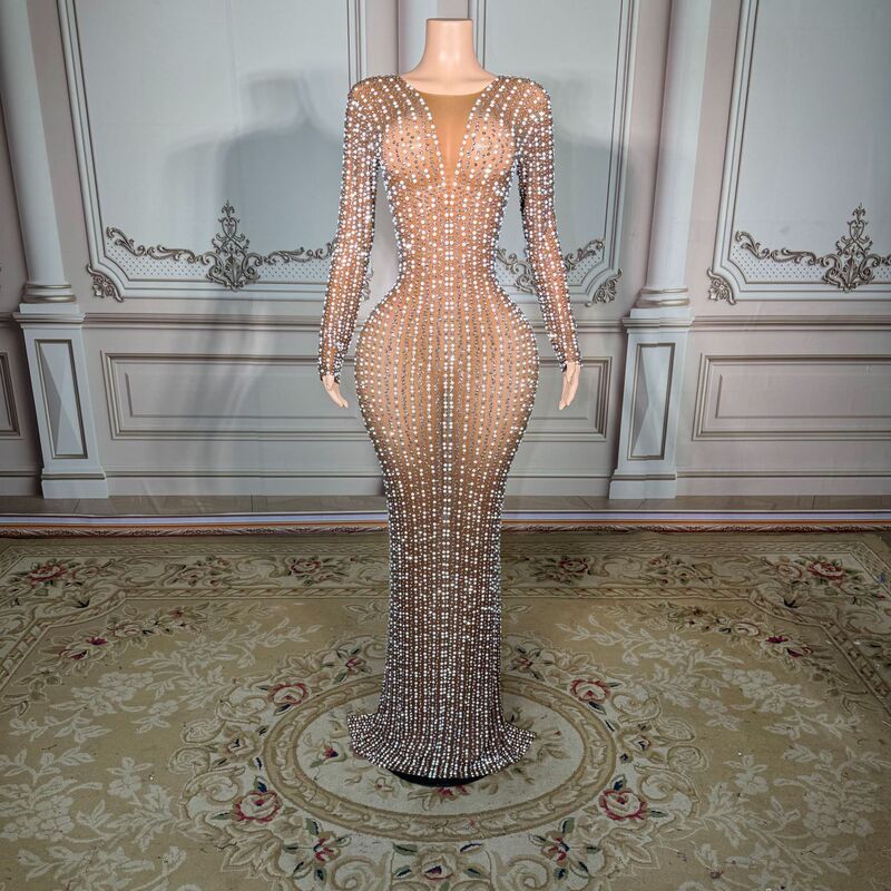Luxurious rhinestone mesh long-sleeve dress, elegant slim-fit fishtail skirt, party ball gown, elaborate evening dress Luxurious rhinestone mesh long-sleeve dress, elegant slim-fit fishtail skirt, party ball gown, elaborate evening dress