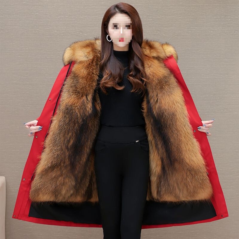 Haining Fur Winter Parka for Women with Removable Lining, Thickened Fur Integrated Long down Jacket with Faux Fox Fur Haining Fur Winter Parka for Women with Removable Lining, Thickened Fur Integrated Long down Jacket with Faux Fox Fur