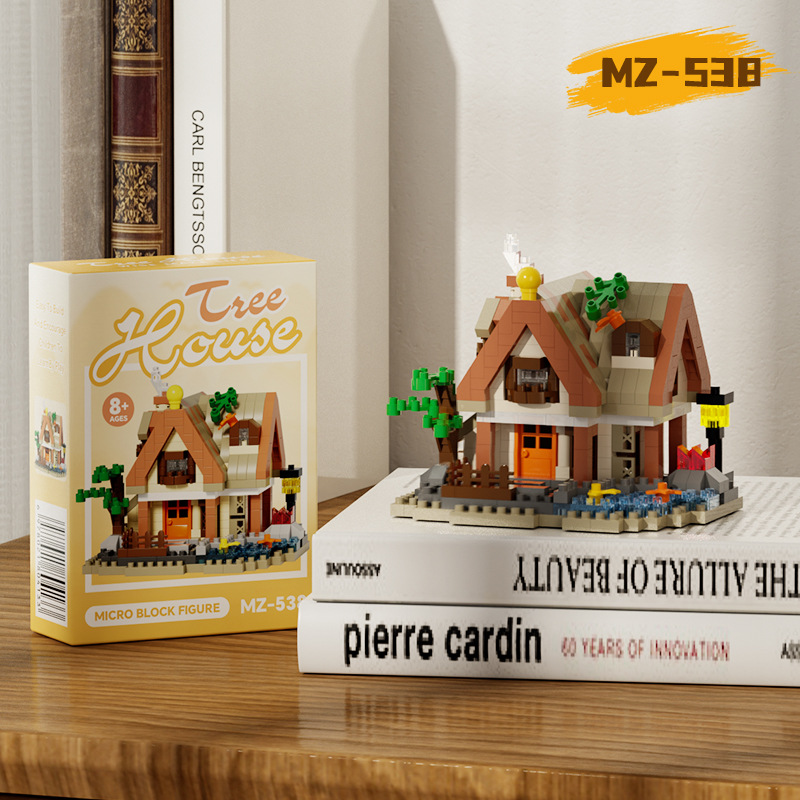 Bloques de construcción de casas de madera en el bosque, escena de calle, molino de viento hecho a mano, casa del árbol, juguetes educativos para niños, Día del Niño