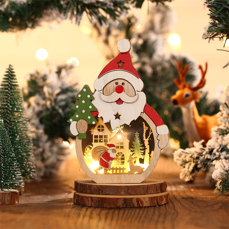 New Christmas decorations LED illuminated Santa Claus shaped wooden Christmas ornaments hotel window decoration
