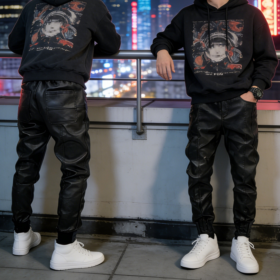 Men's autumn/winter fleece-lined warm takeout bike/mobile phone rider windproof leather pants, pure black slim-fit thick casual long pants