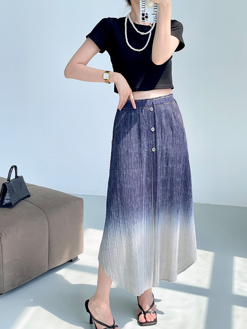 Chân váy xếp ly nữ cạp cao denim phối màu thời trang hè — Màu xanh lam chi tiết 1