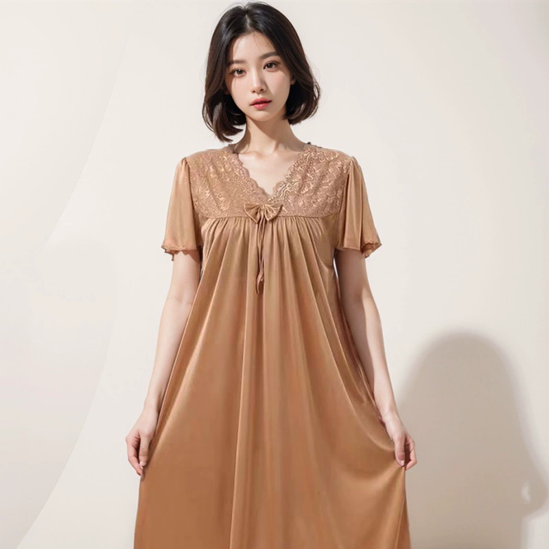 Летняя новая ночная рубашка женщина с нагрудным ковриком тонкая ледяная шелковая юбка кондиционер простая свободная и удобная домашняя одежда большого размера с короткими рукавами