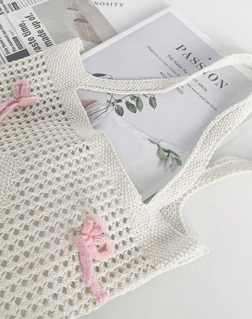 Casual, Daily Occasion Women's Medium Polyester Bow Knot Cute Preppy Style Knitting Hollow Square Open Square Bag