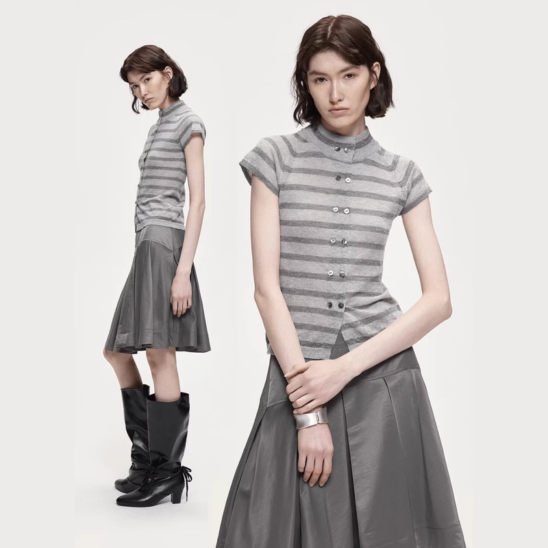 Acosey Wool Striped Hollow-Out Knit Cardigan Double-Row Shell Alpaca Wool Knit Top