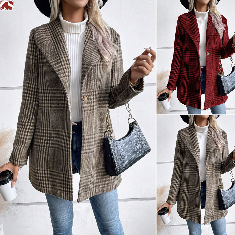 Damen Wollmantel Mit Karomuster Und Revers Für Herbst Und Winter_voghion.com