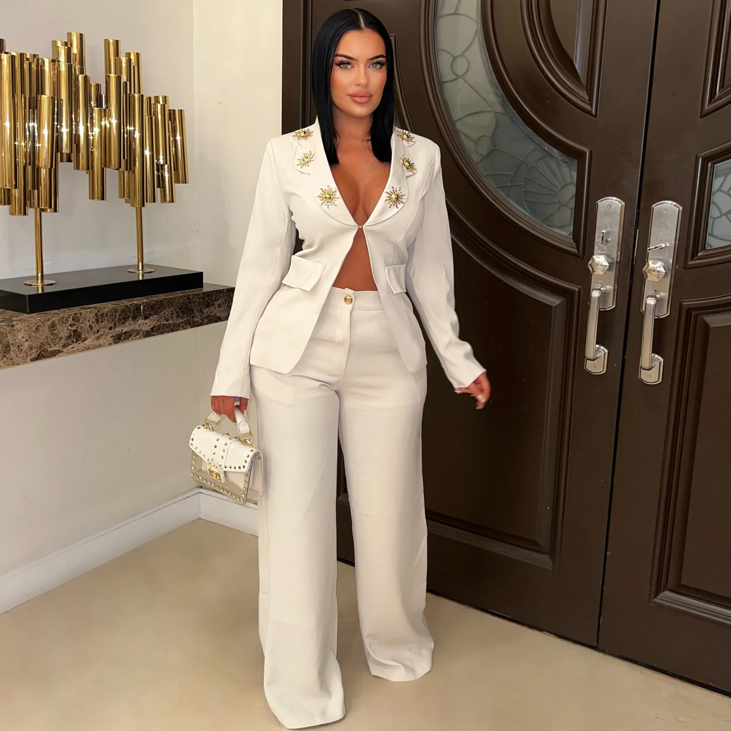 Completo elegante da donna con blazer e pantaloni a contrasto – Abbigliamento da ufficio in cotone elasticizzato, completo business casual (S-3XL, Nero/Bianco/Rosso, Abbigliamento da lavoro Euro-USA)_voghion.com