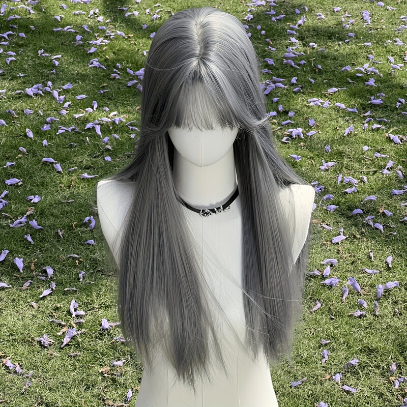 Women's Silver Grey Wig with Straight Bangs and Long Straight Hair Daily cos Party Photography All-match Universal Full-head Wig