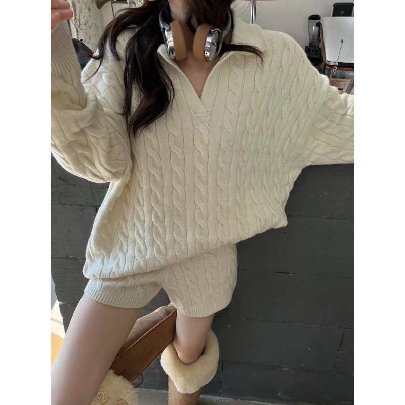 Cross-border European and American casual style twisted knit polo collar slimming long-sleeve sweater for women with high-waisted stylish versatile shorts set Cross-border European and American casual style twisted knit polo collar slimming long-sleeve sweater for women with high-waisted stylish versatile shorts set