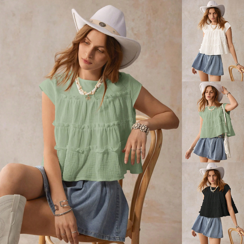 2026 European and American Cross-Border Women's Clothing Amazon Independent Station Summer New Loose Cotton Splicing Baby Doll Shirt