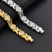 亚马逊热销不锈钢四叶草镶钻红铜磁石手链爆款玫瑰金磁性能量首饰