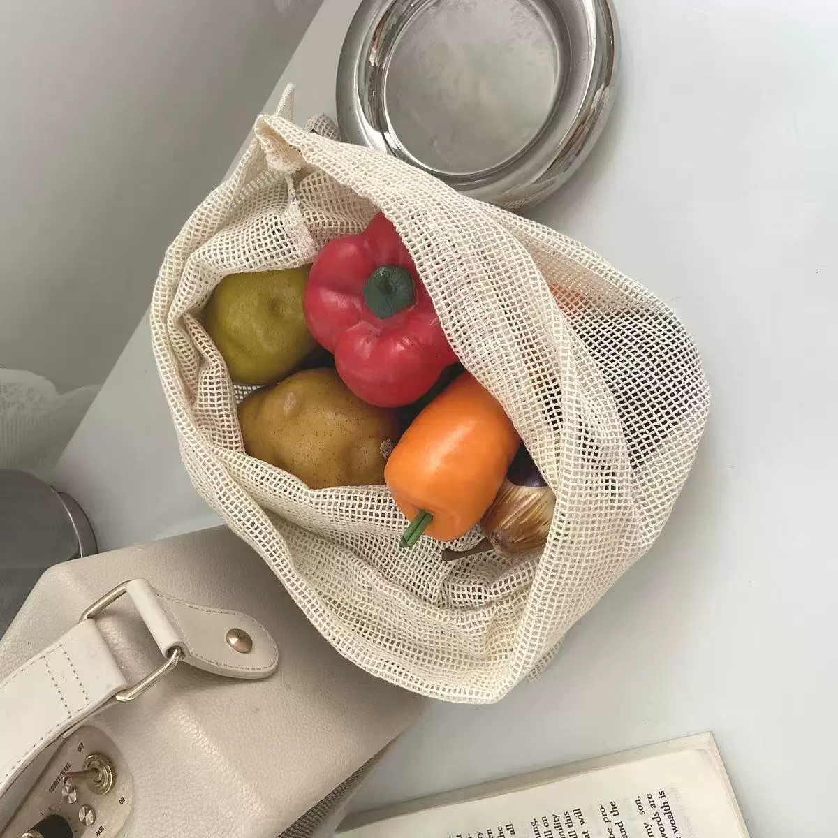 厂家直供纯棉网布袋 蔬菜水果全棉网眼抽绳束口袋超市购物棉布袋