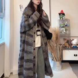 秋冬新款复古宽松慵懒撞色连帽中长款开衫过膝针织毛衣外套女大衣