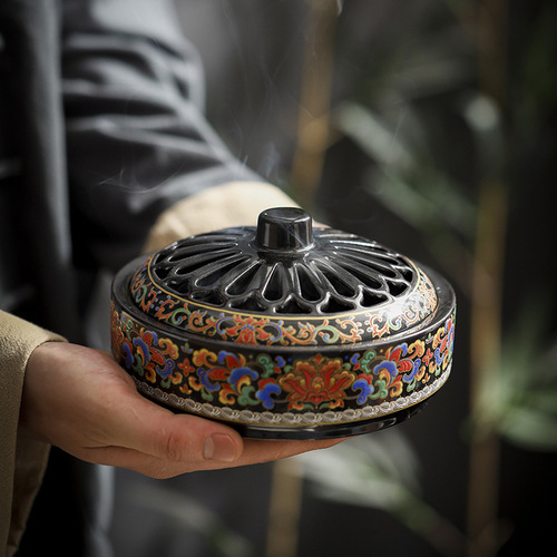 Large incense burner enamel sandalwood burner home aromatherapy stove plate mosquito incense burner home cloisonné aromatherapy 12 hours incense