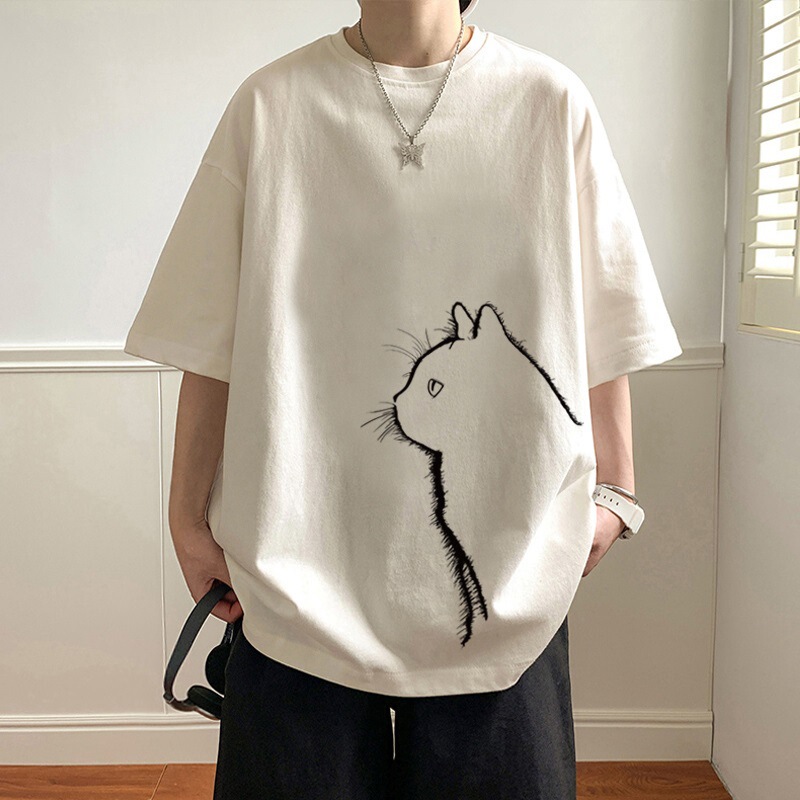 Cat Print Couples Trendy Short-sleeved T-shirt Men's Summer Cotton 2023 New Loose Casual Half-sleeved Base Shirt
