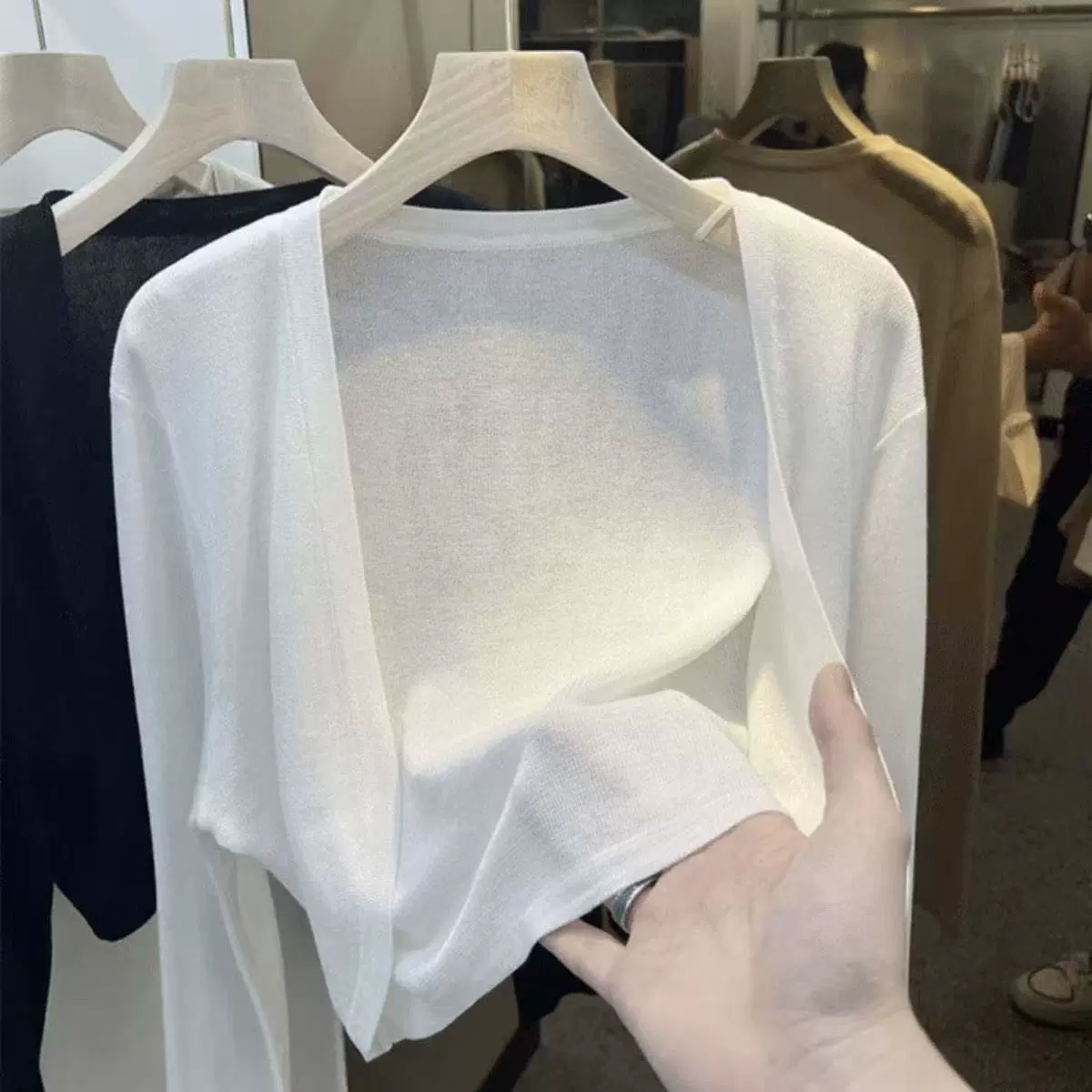 Белый короткий вязаный кардиган из ледяного шелка для защиты от солнца для женщин, тонкая летняя юбка на подтяжках с тюлевой талией, верхняя одежда, куртка, блузка