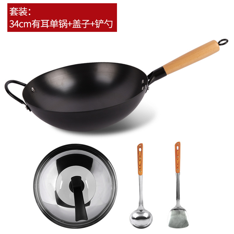 [냄비준비] 34cm 귀 달린 싱글 냄비, 철제 뚜껑과 주걱이 함께 제공됩니다.