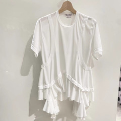 CDG KZYU 25春夏新款日系不规则下摆圆领短袖拼接宽松上衣T恤女款