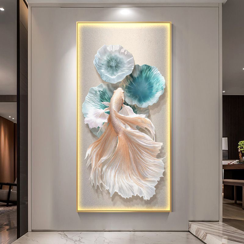 锦鲤入户玄关装饰画现代简约轻奢走廊过道壁画侘寂风茶室客厅挂画|undefined