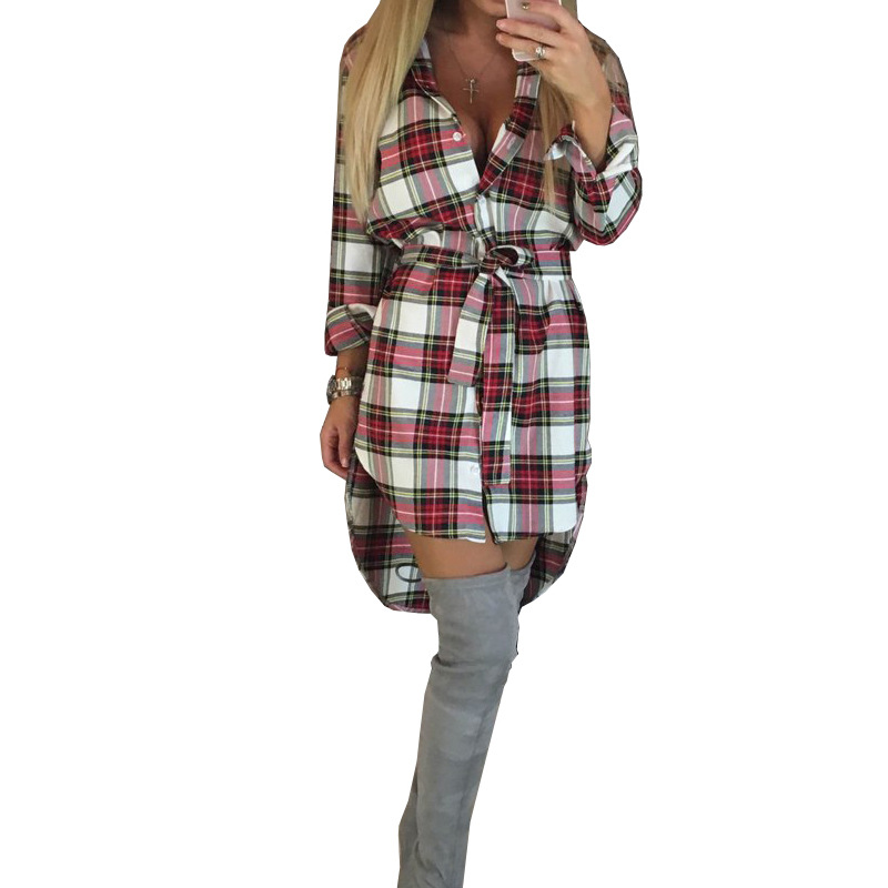 Women Clothing Ladies Collared Long Sleeve Shirt Women Mid-Length Plaid Shirt Shirt Dress